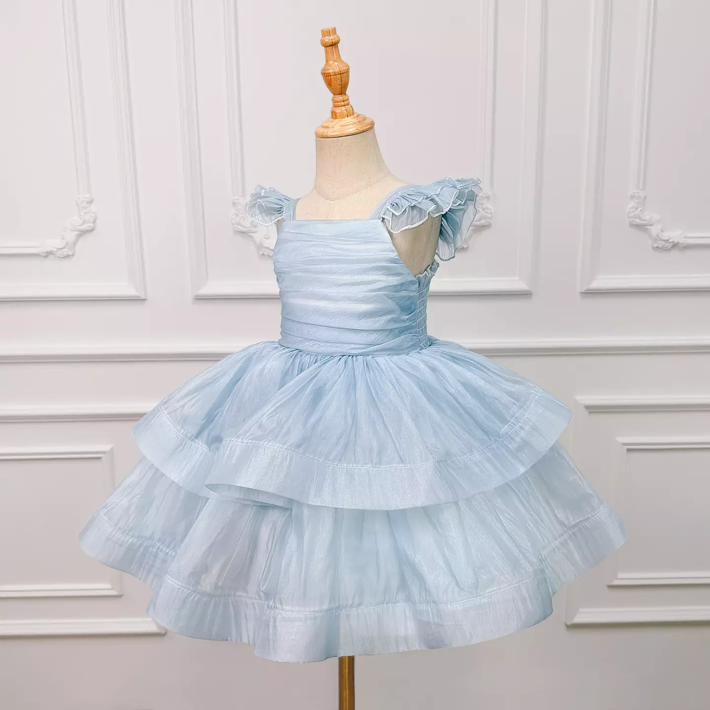 Maya Blue Ruffle Strap Ruched Tiered Girls Party Dress