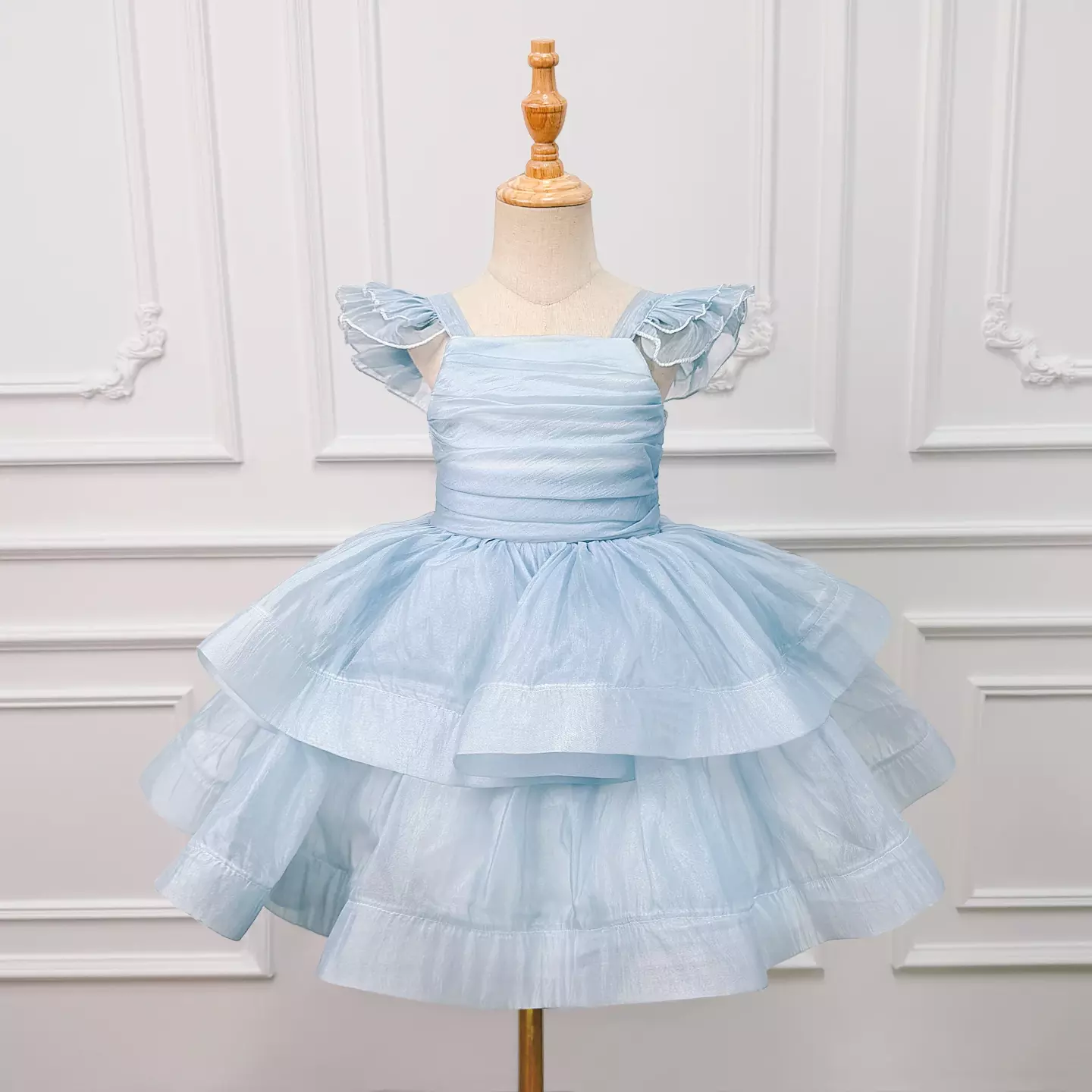 Maya Blue Ruffle Strap Ruched Tiered Girls Party Dress
