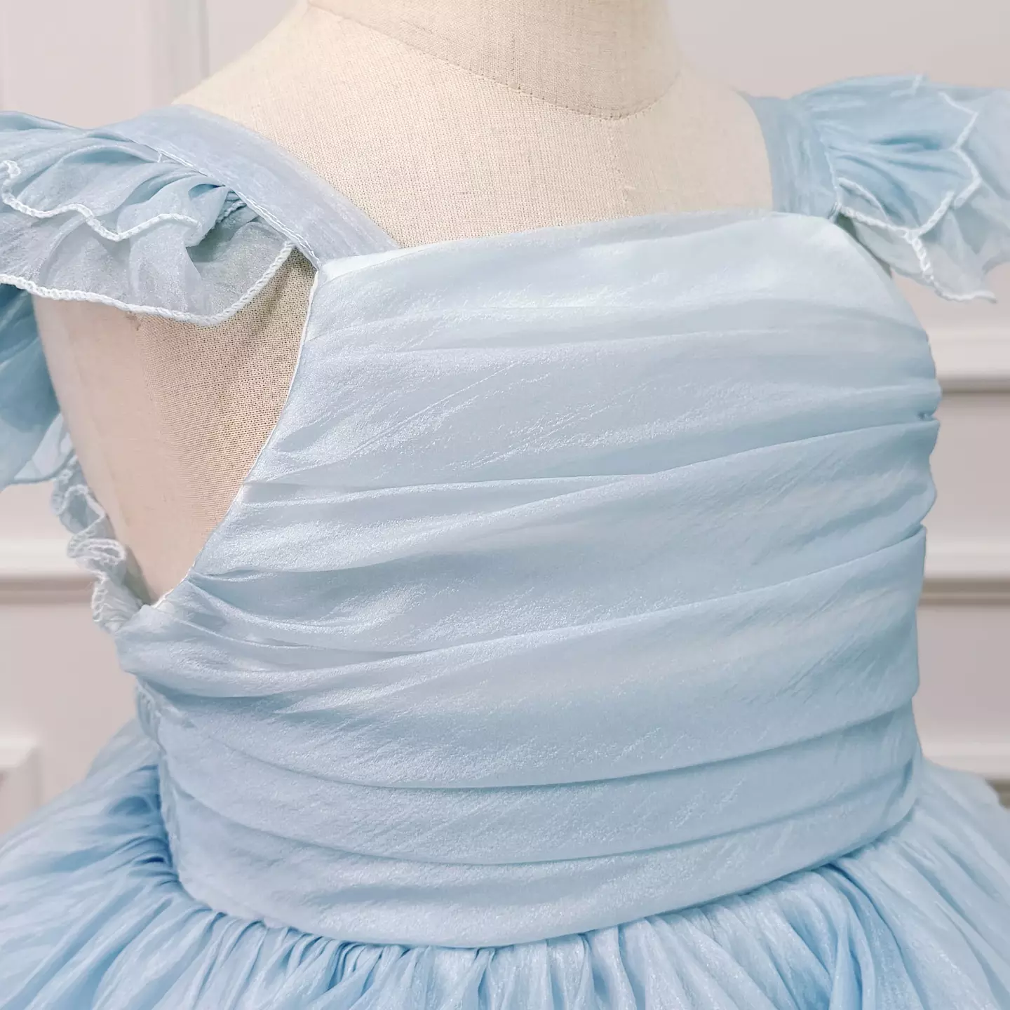 Maya Blue Ruffle Strap Ruched Tiered Girls Party Dress