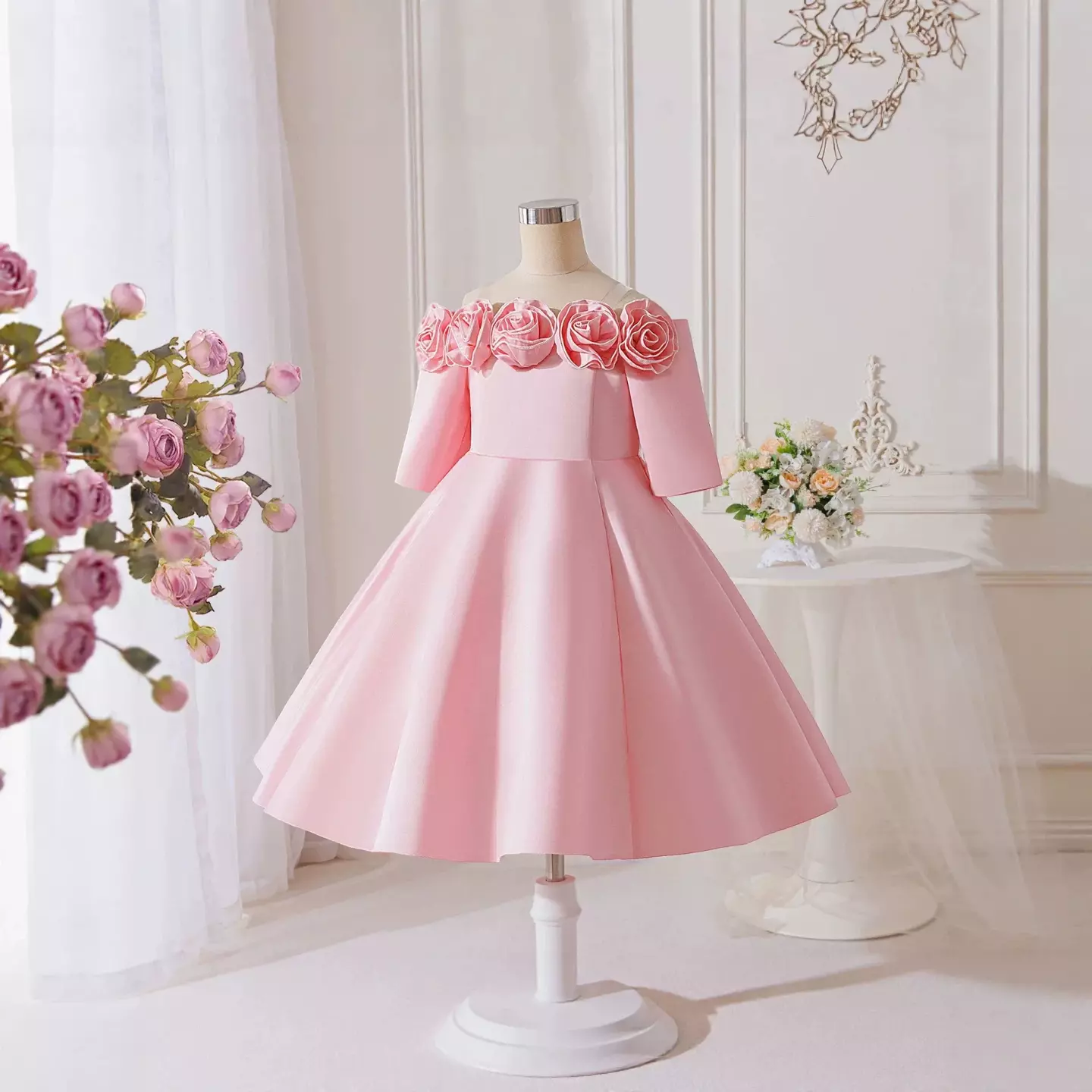Lilli Pink Rose Neckline Off-Shoulder Girls Party Dress
