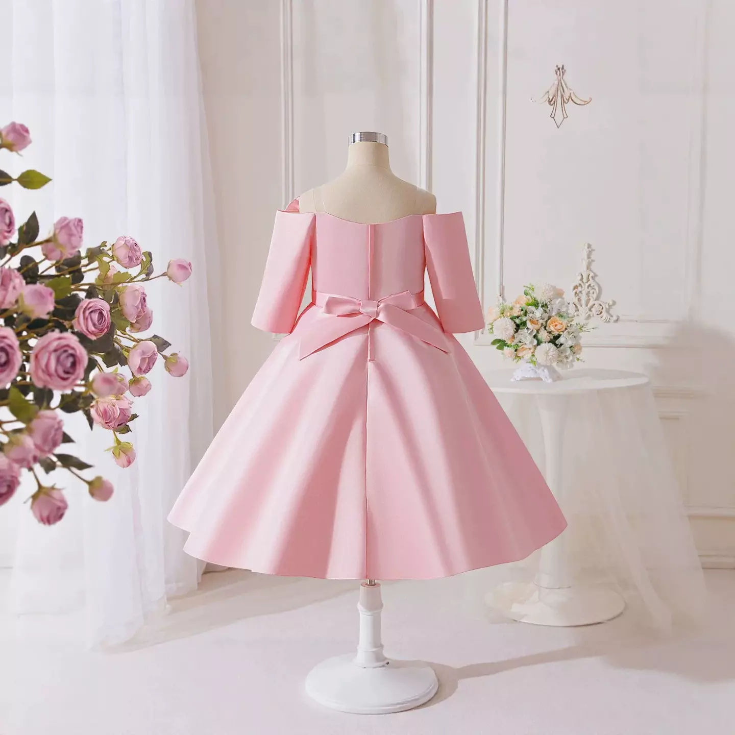 Lilli Pink Rose Neckline Off-Shoulder Girls Party Dress