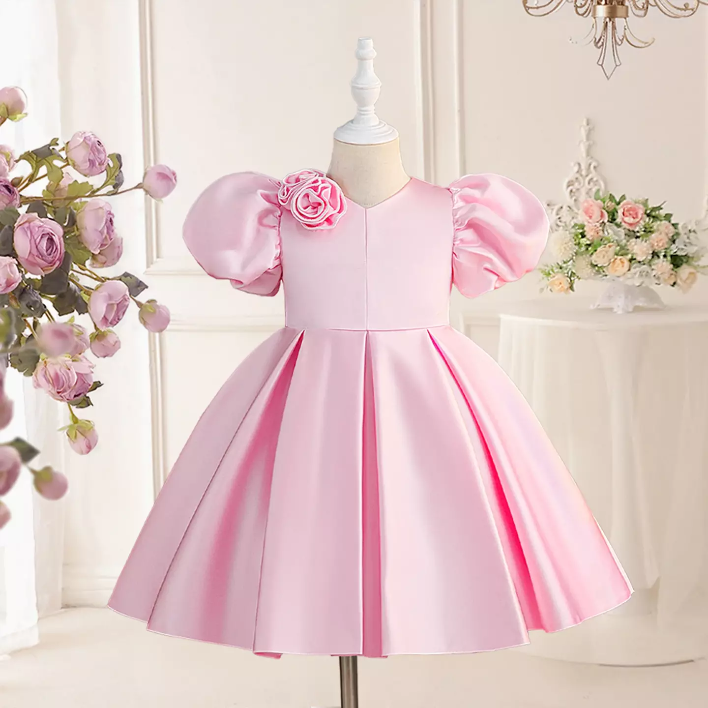 Panna Pink Puff Sleeve Rose Shoulder Girls Party Dress