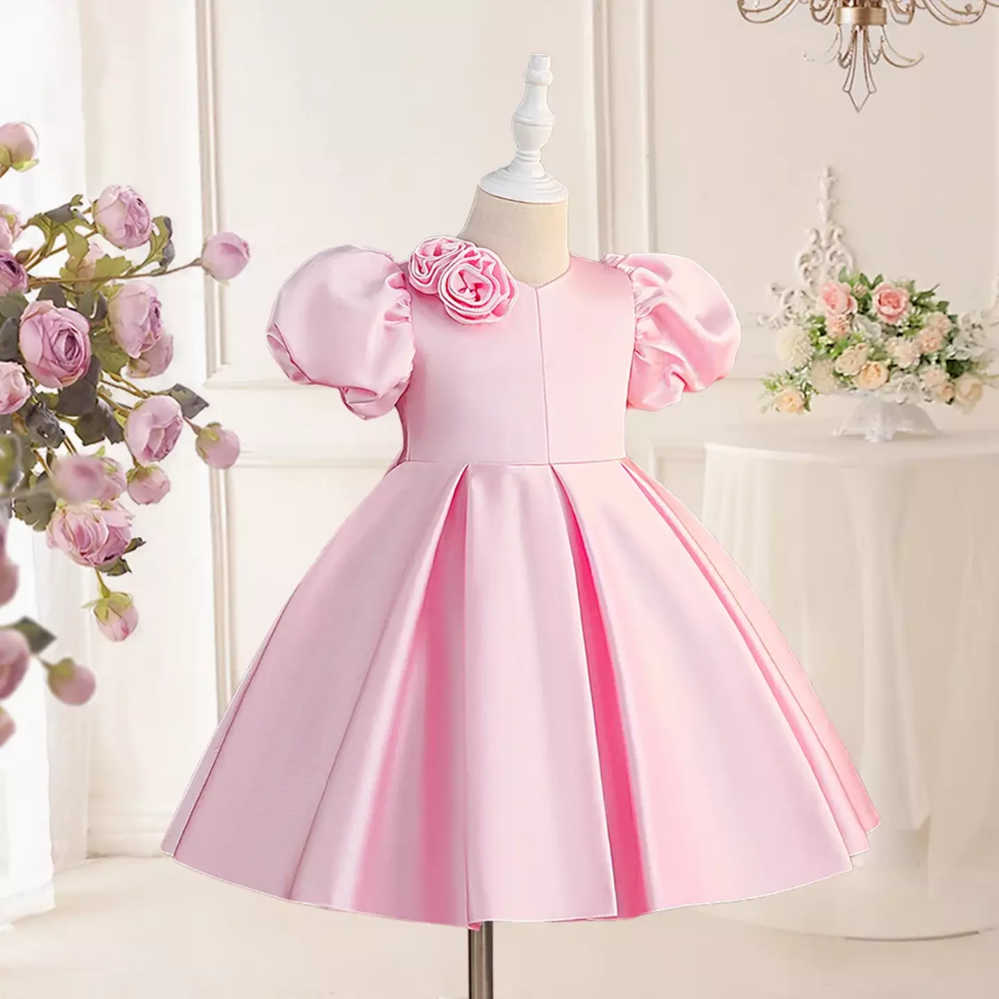 Panna Pink Puff Sleeve Rose Shoulder Girls Party Dress