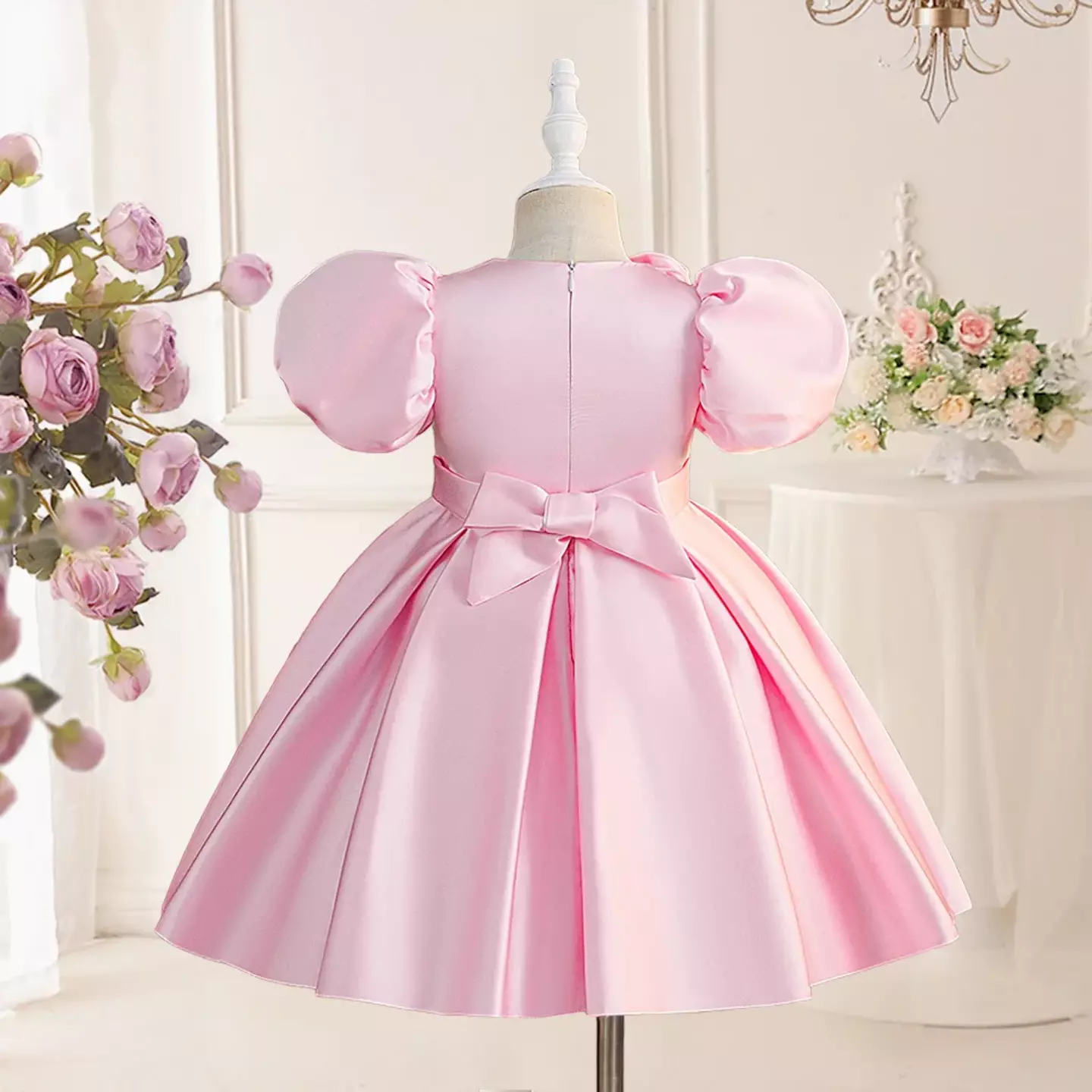 Panna Pink Puff Sleeve Rose Shoulder Girls Party Dress