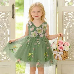 Darja Sage Green 3D Flower V-Neck Baby Tulle Party Dress