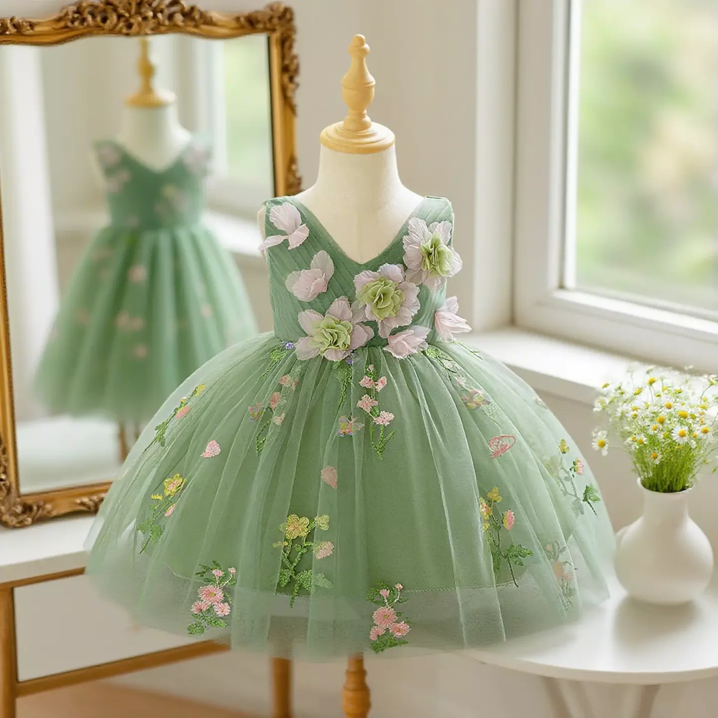 Darja Sage Green 3D Flower V-Neck Baby Tulle Party Dress