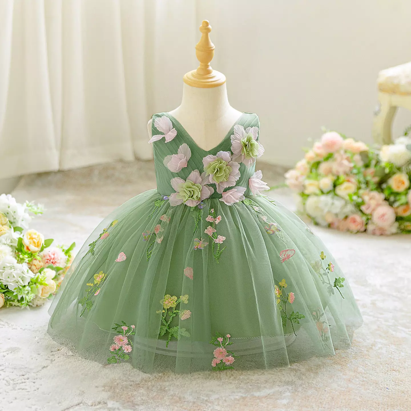 Darja Sage Green 3D Flower V-Neck Baby Tulle Party Dress
