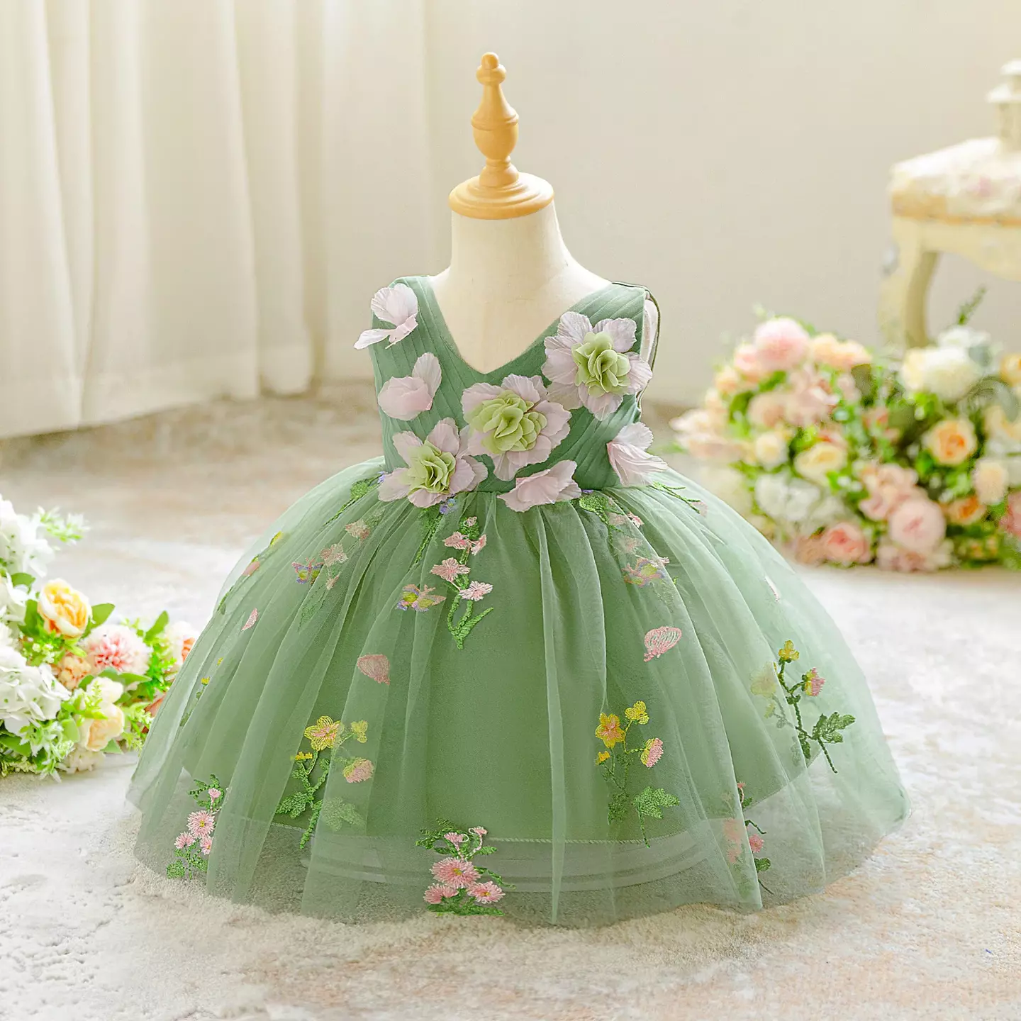 Darja Sage Green 3D Flower V-Neck Baby Tulle Party Dress