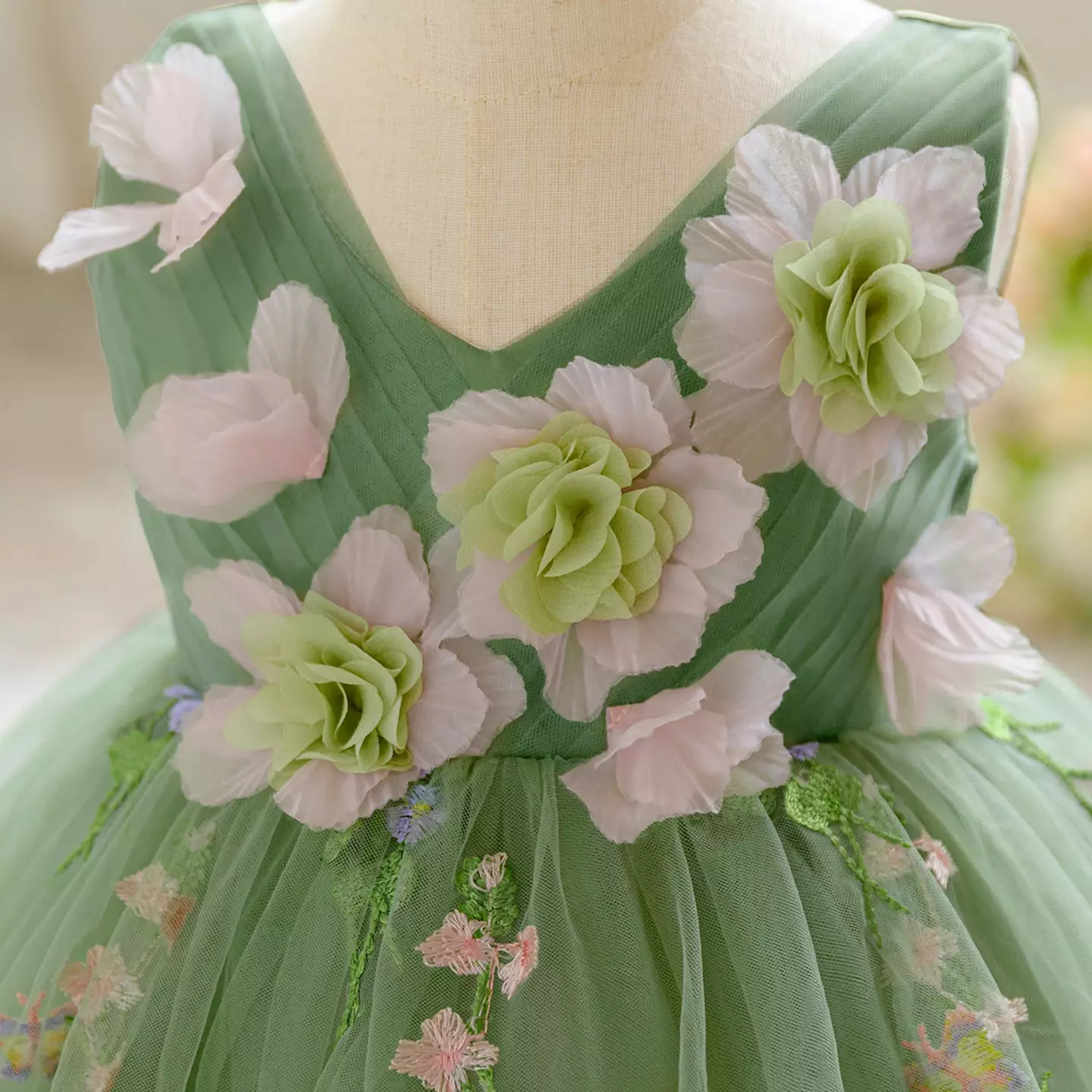 Darja Sage Green 3D Flower V-Neck Baby Tulle Party Dress