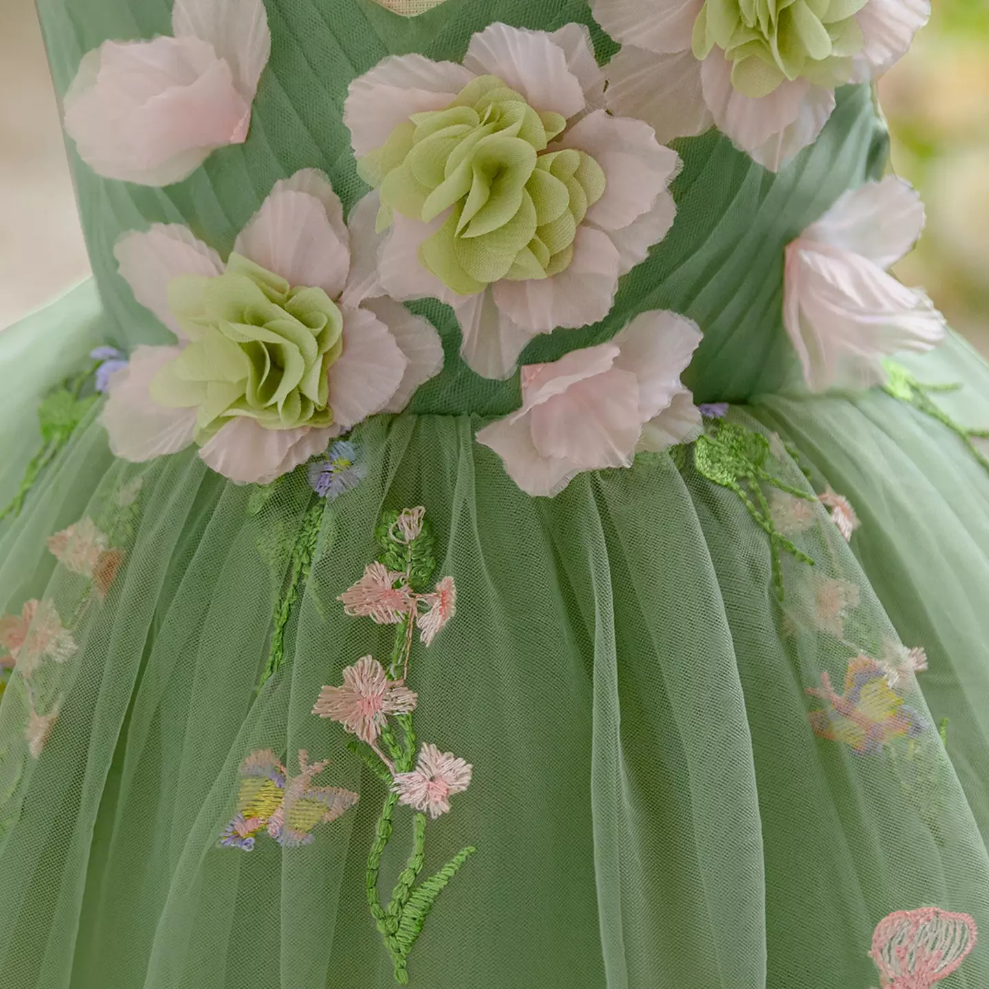 Darja Sage Green 3D Flower V-Neck Baby Tulle Party Dress