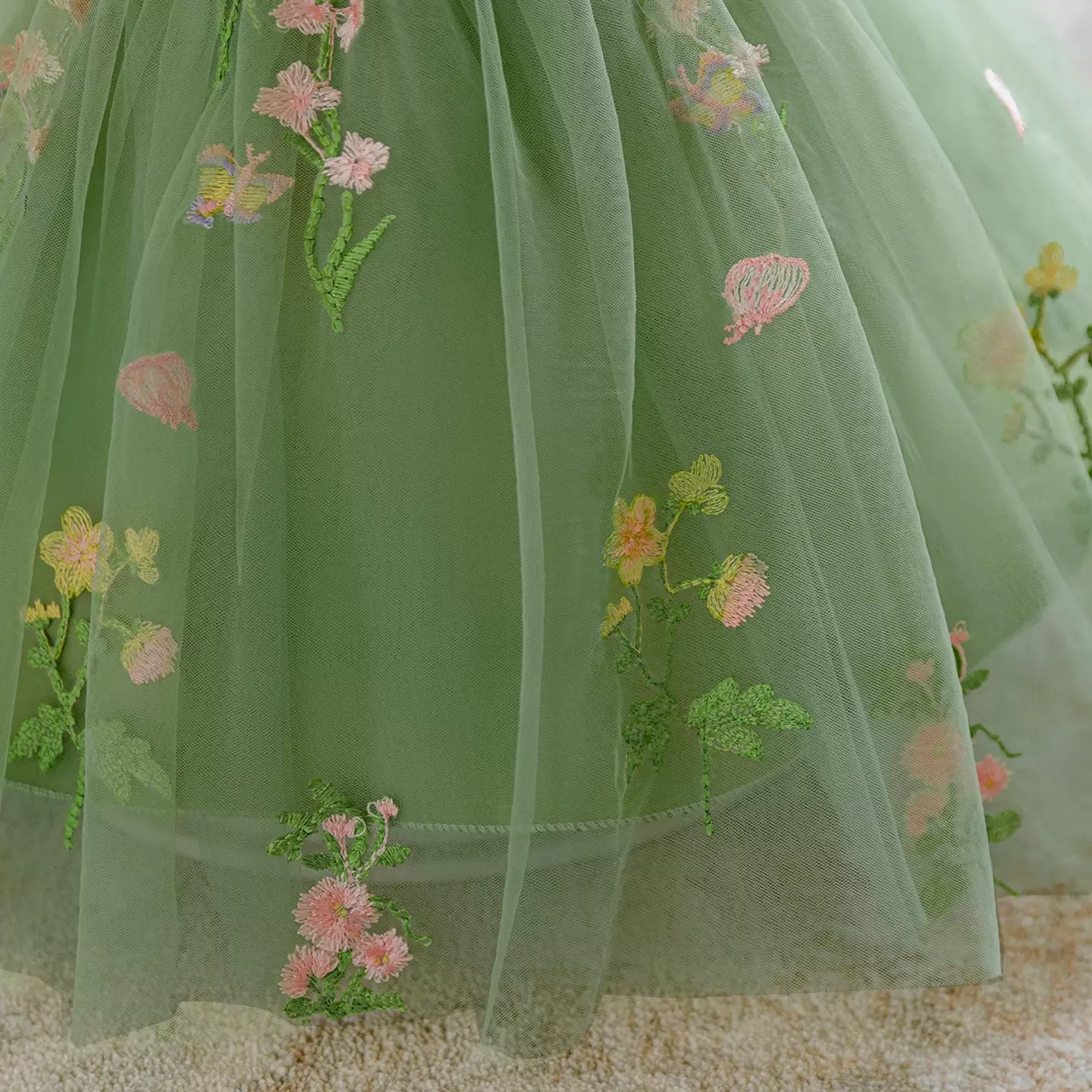 Darja Sage Green 3D Flower V-Neck Baby Tulle Party Dress