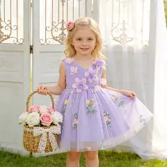 Darja Lavender 3D Flower V-Neck Baby Tulle Party Dress