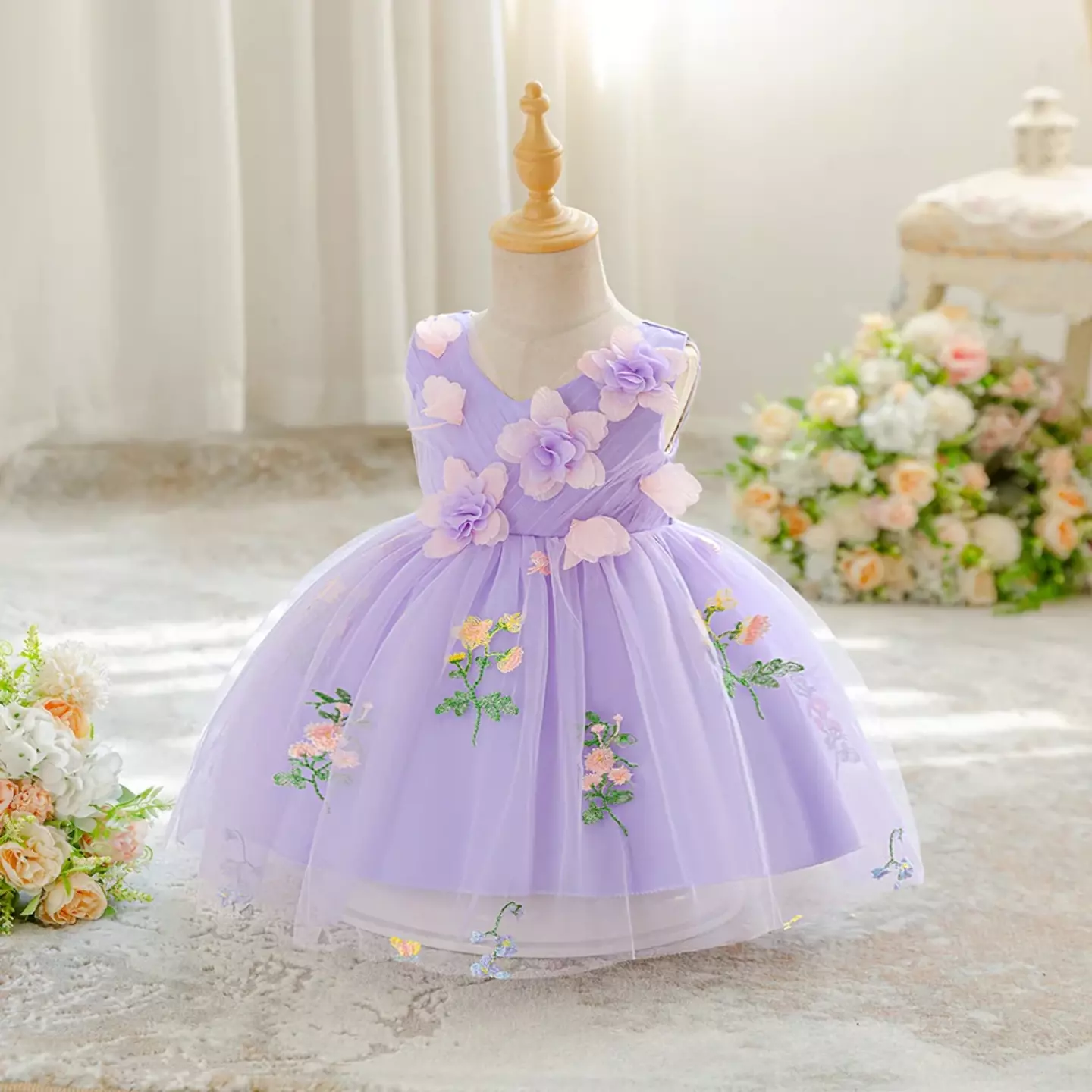Darja Lavender 3D Flower V-Neck Baby Tulle Party Dress