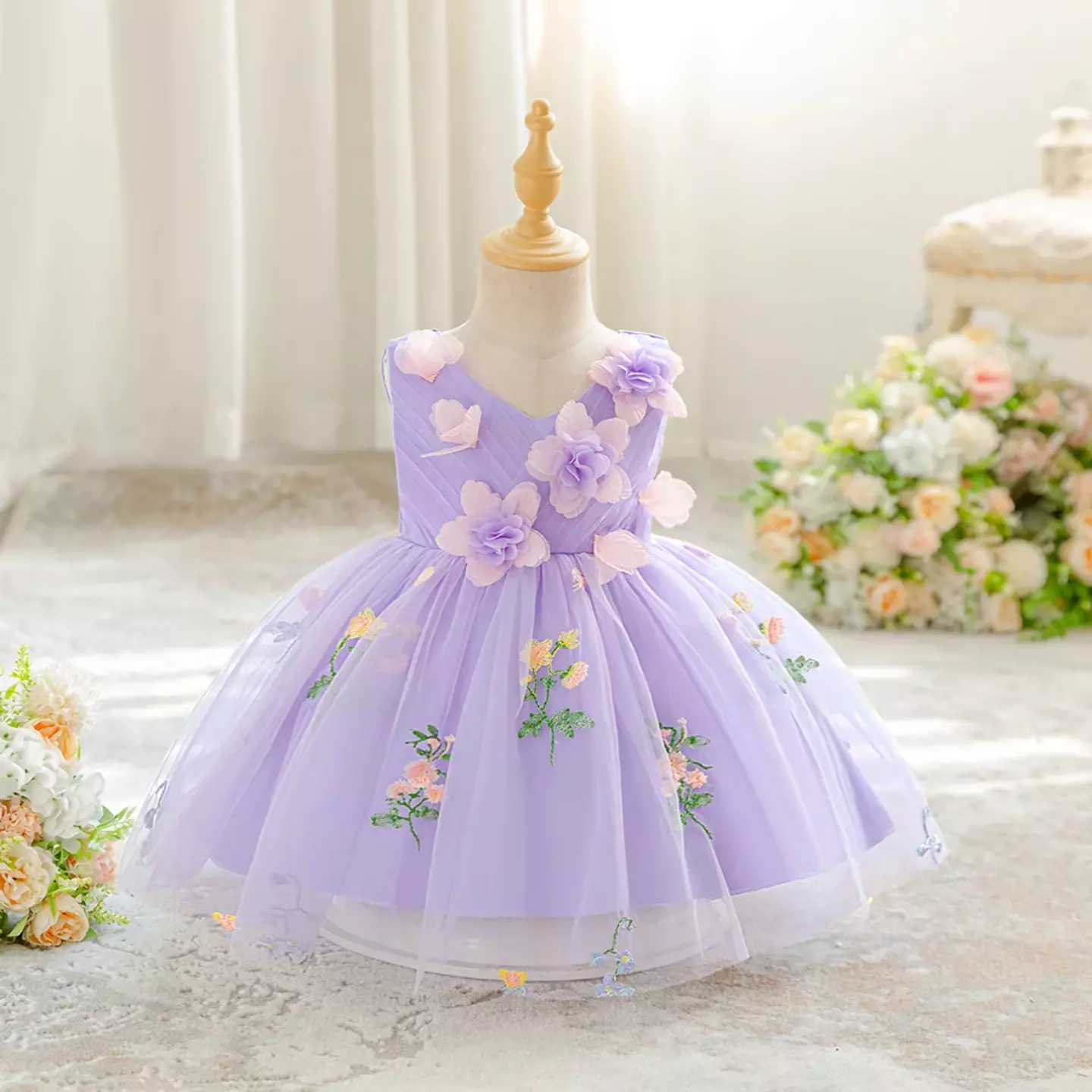 Darja Lavender 3D Flower V-Neck Baby Tulle Party Dress