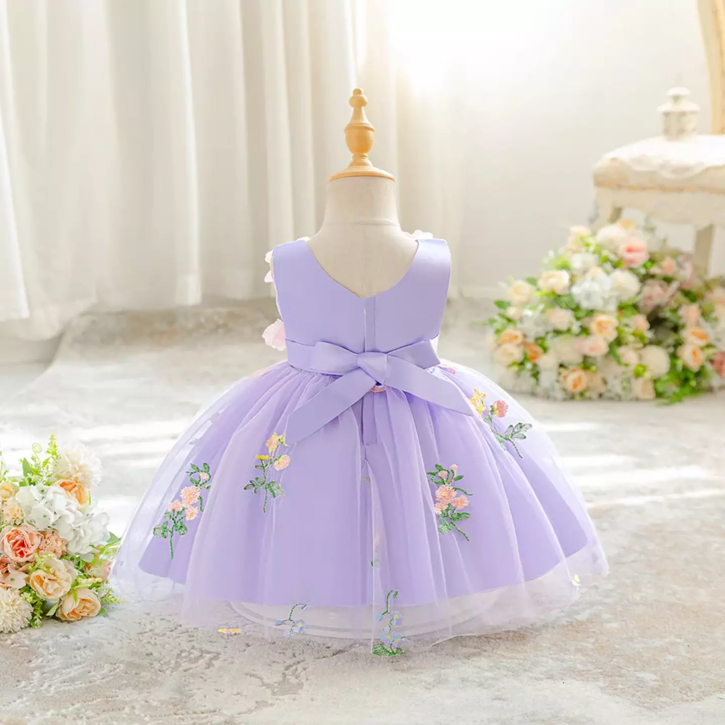 Darja Lavender 3D Flower V-Neck Baby Tulle Party Dress