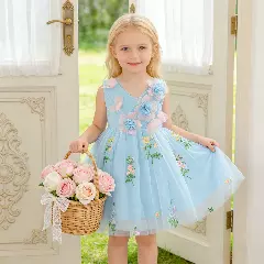 Darja Light Blue 3D Flower V-Neck Baby Tulle Party Dress