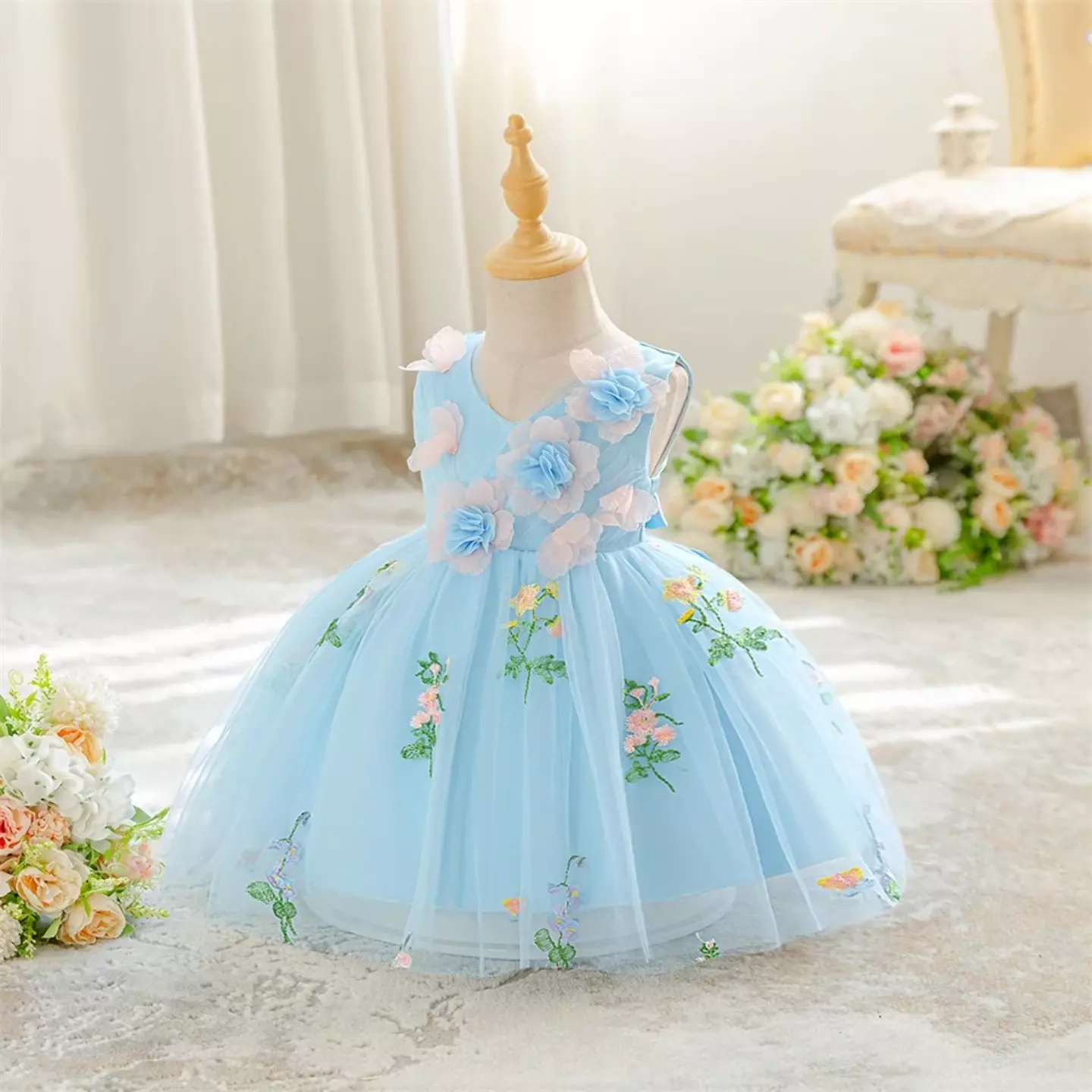 Darja Light Blue 3D Flower V-Neck Baby Tulle Party Dress