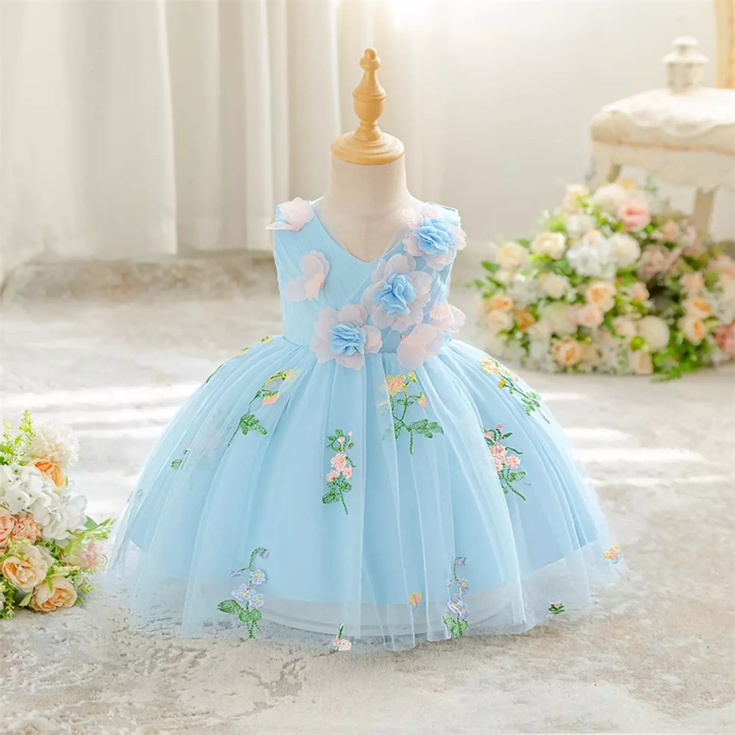 Darja Light Blue 3D Flower V-Neck Baby Tulle Party Dress