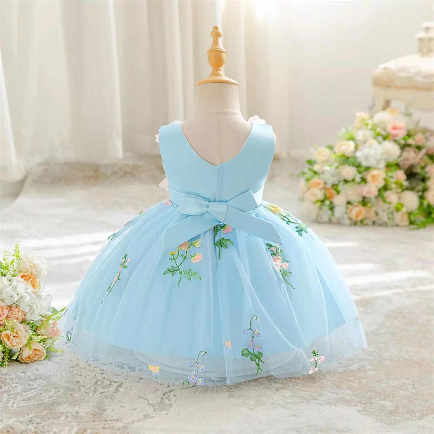 Darja Light Blue 3D Flower V-Neck Baby Tulle Party Dress