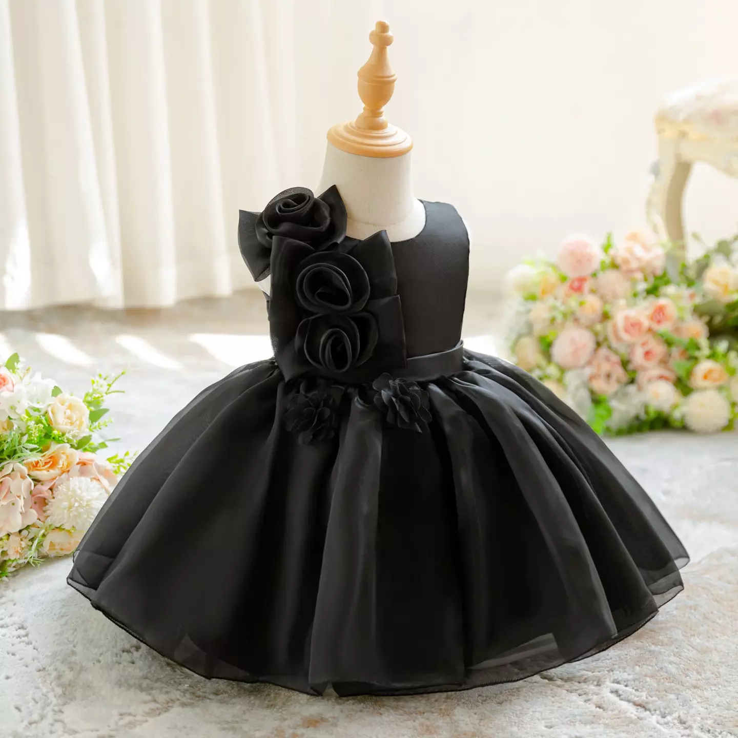 Gaeul Black Organza Rose Cascade Party Dress - Knee Length Baby Girls Birthday Dress