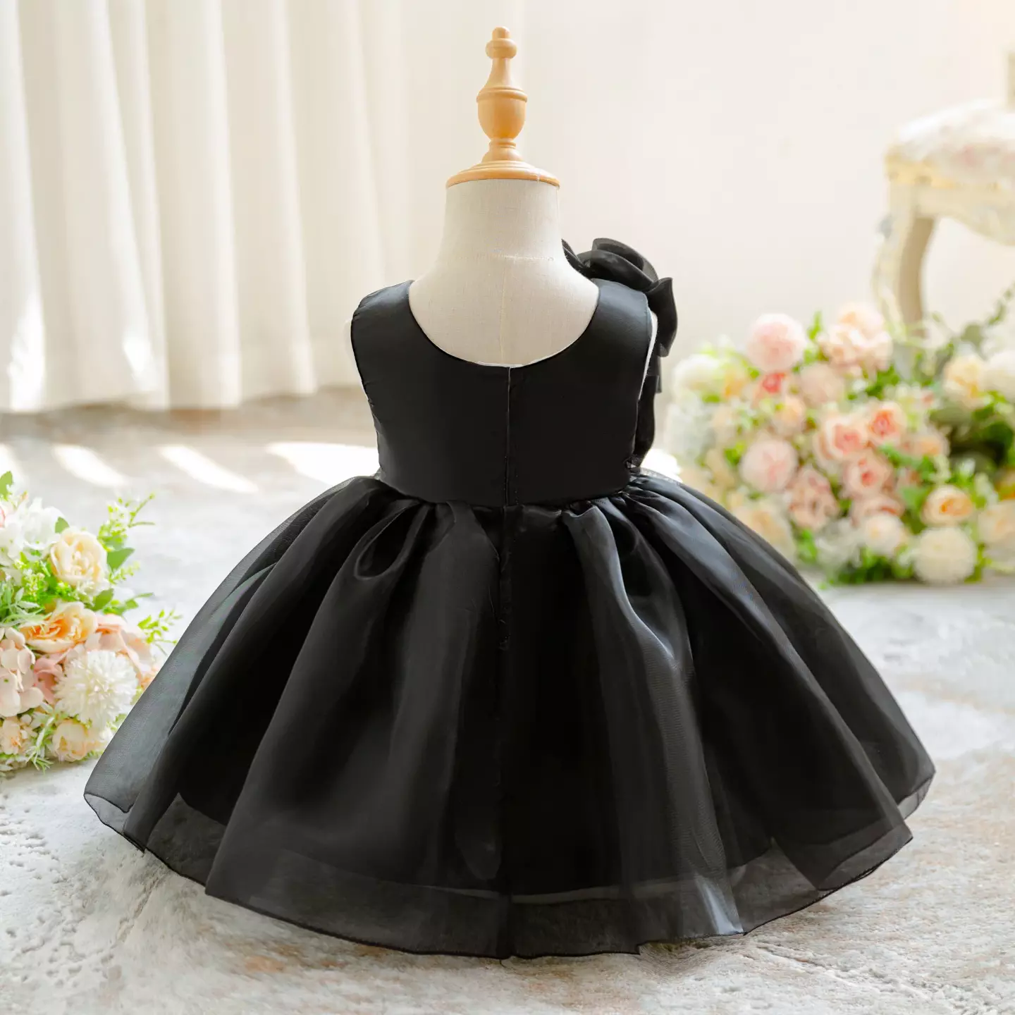 Gaeul Black Organza Rose Cascade Party Dress - Knee Length Baby Girls Birthday Dress