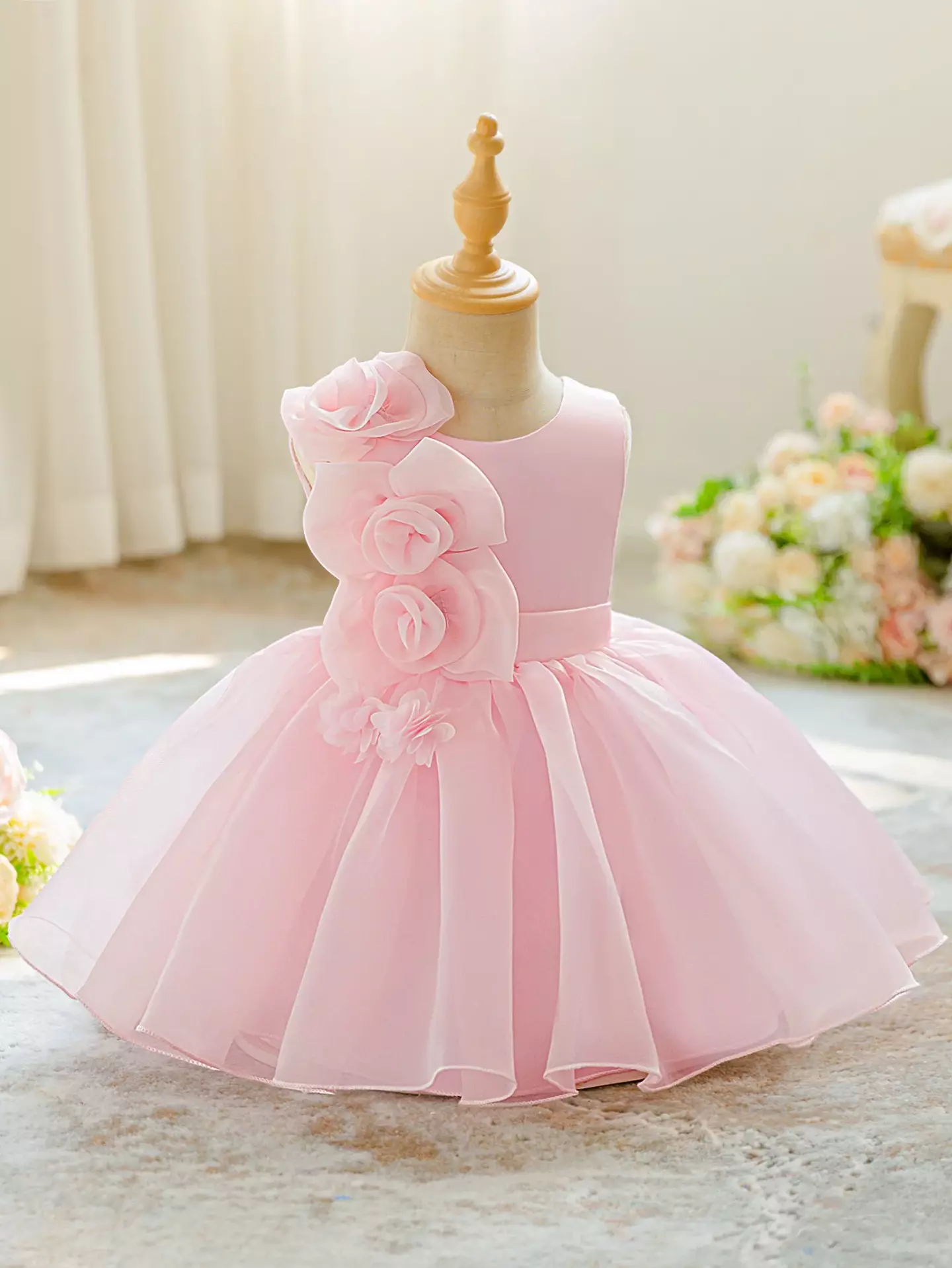 Gaeul Pink Organza Rose Cascade Party Dress - Knee Length Baby Girls Birthday Dress