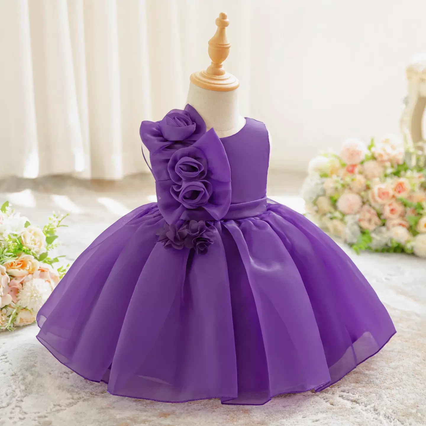Gaeul Purple Organza Rose Cascade Party Dress - Knee Length Baby Girls Birthday Dress
