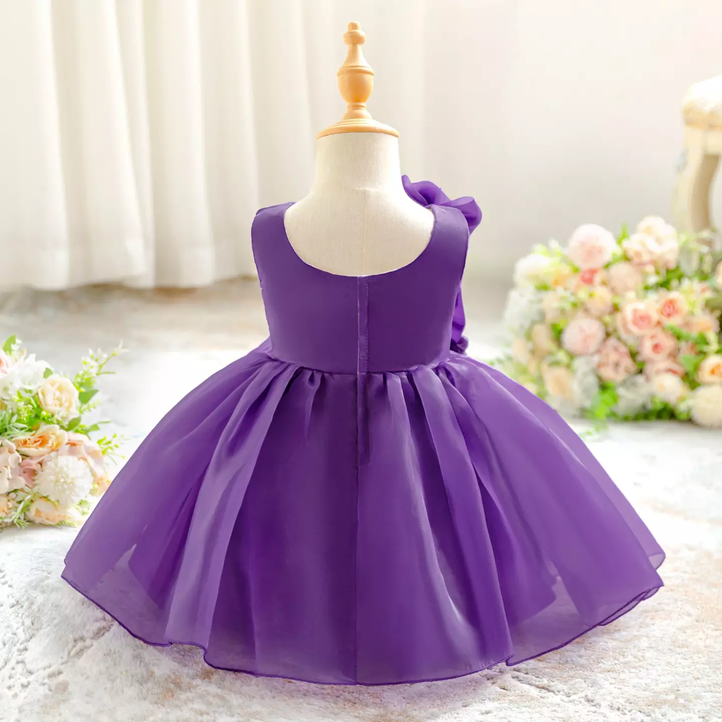 Gaeul Purple Organza Rose Cascade Party Dress - Knee Length Baby Girls Birthday Dress