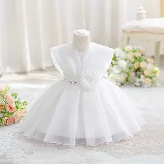 Kazuha White Organza Petal Shoulder Party Dress - Knee Length Baby Girls Birthday Dress