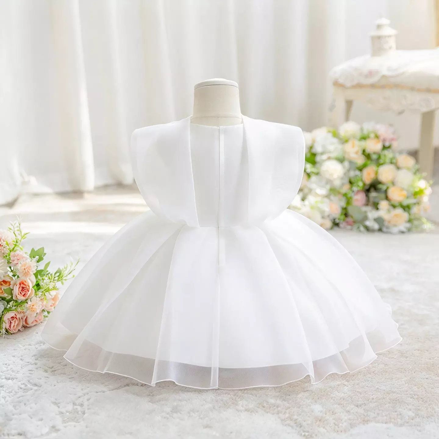 Kazuha White Organza Petal Shoulder Party Dress - Knee Length Baby Girls Birthday Dress
