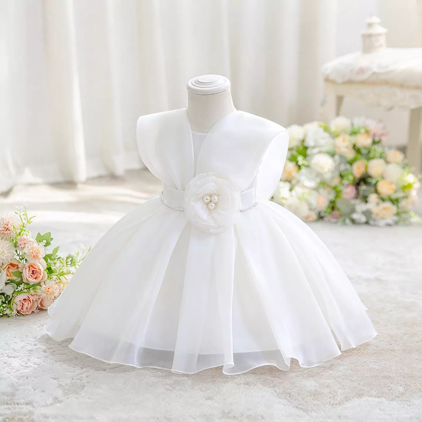 Kazuha White Organza Petal Shoulder Party Dress - Knee Length Baby Girls Birthday Dress