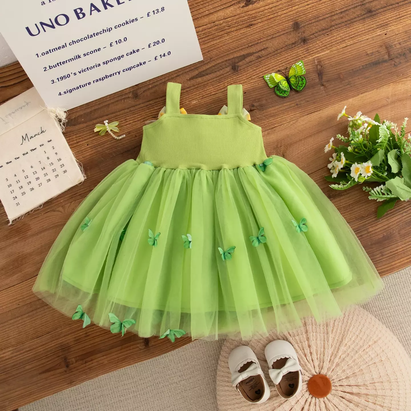 Magda Green Ribbed Bodice Bow-Strap Baby & Toddler Dress