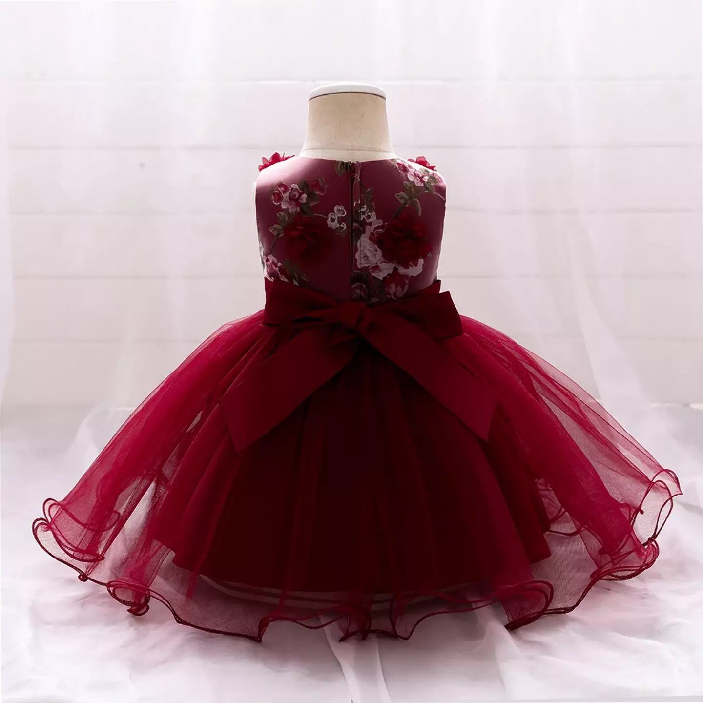 Hanne Maroon Sash Bow Tea Length Baby & Toddler Dress