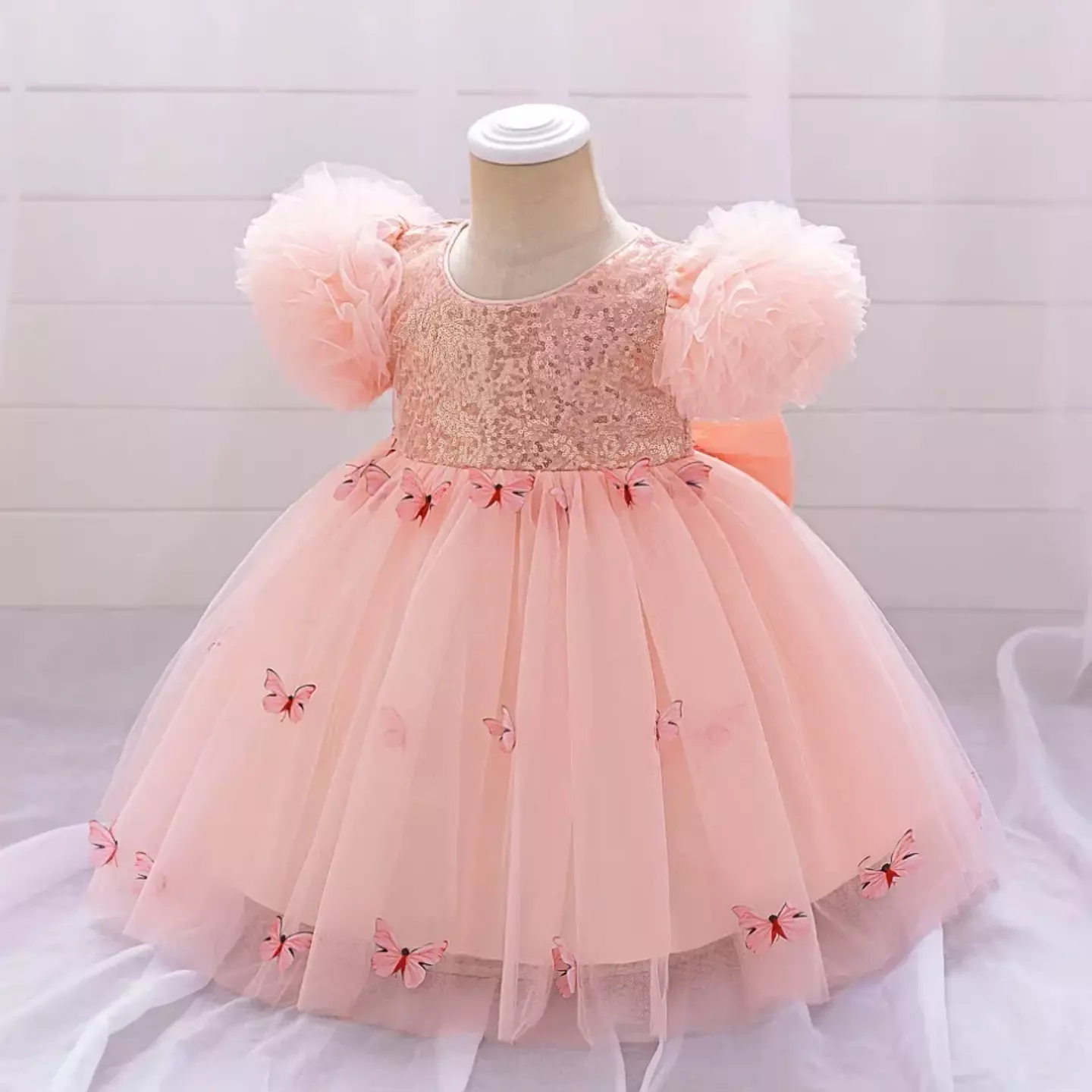 Renata Peach Pink Sequin Butterfly Tulle Baby Party Dress