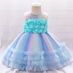 Solana Blue Sheer Yoke Flower Bodice Knee Length Dress