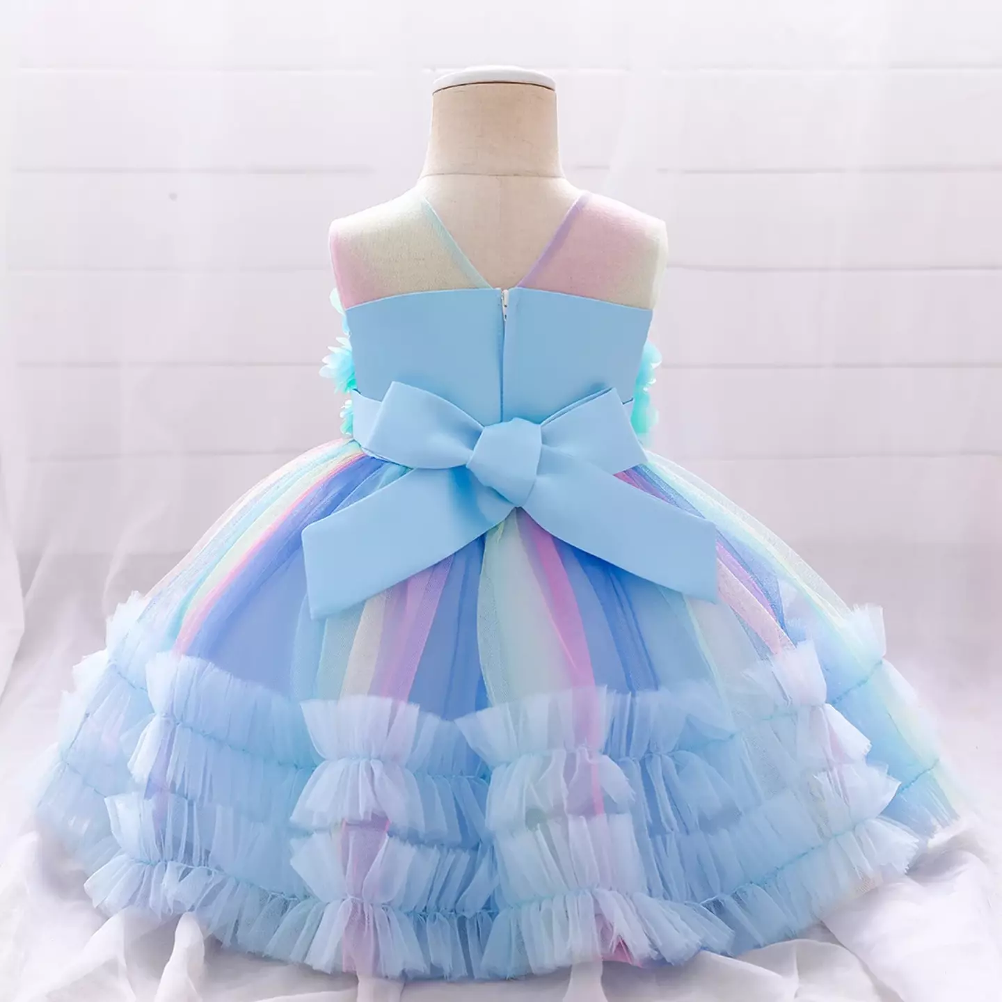 Solana Blue Sheer Yoke Flower Bodice Knee Length Dress