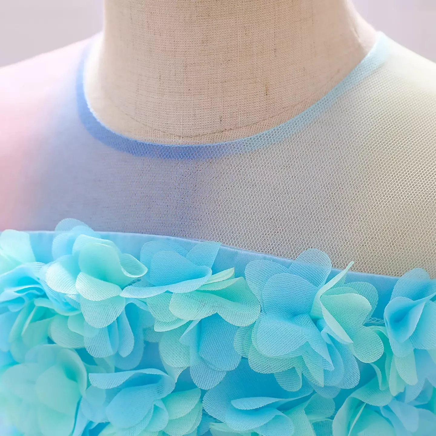 Solana Blue Sheer Yoke Flower Bodice Knee Length Dress