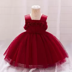 Simona Maroon 3D Flower Square Neck Baby Tulle Party Dress
