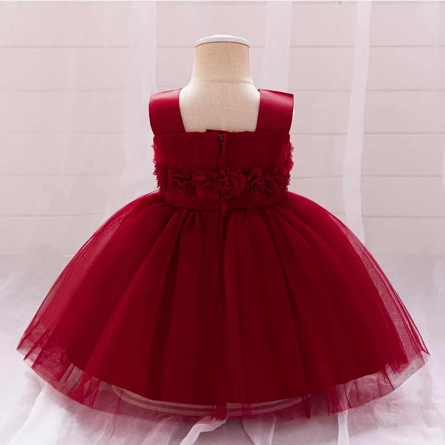 Simona Maroon 3D Flower Square Neck Baby Tulle Party Dress