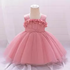 Simona Dusty Pink 3D Flower Square Neck Baby Tulle Party Dress