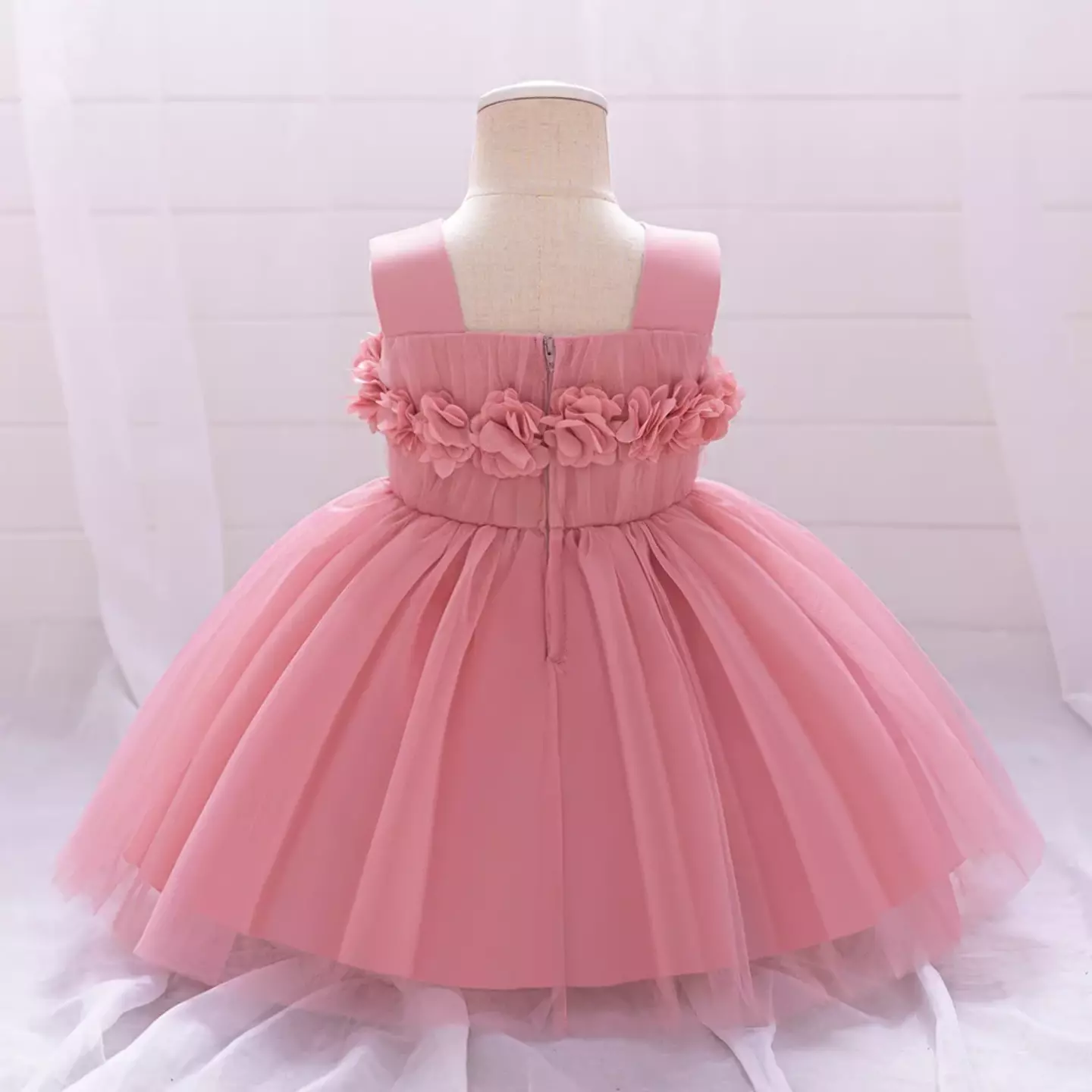 Simona Dusty Pink 3D Flower Square Neck Baby Tulle Party Dress
