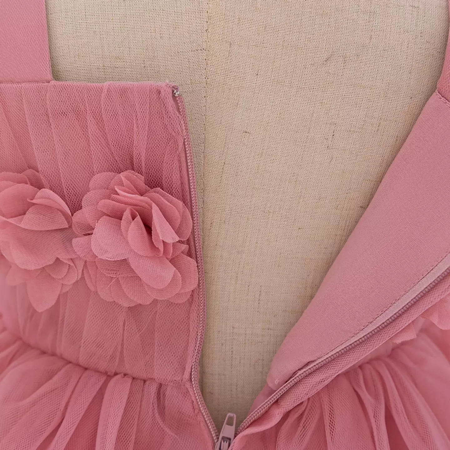 Simona Dusty Pink 3D Flower Square Neck Baby Tulle Party Dress