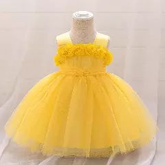 Simona Yellow 3D Flower Square Neck Baby Tulle Party Dress