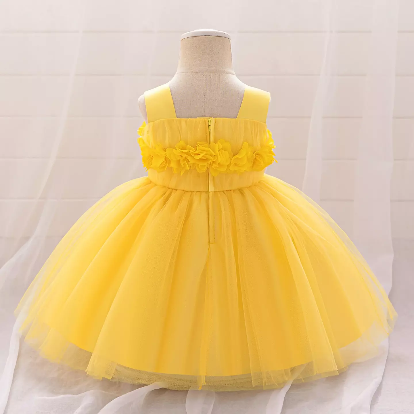 Simona Yellow 3D Flower Square Neck Baby Tulle Party Dress