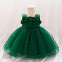 Simona Forest Green 3D Flower Square Neck Baby Tulle Party Dress