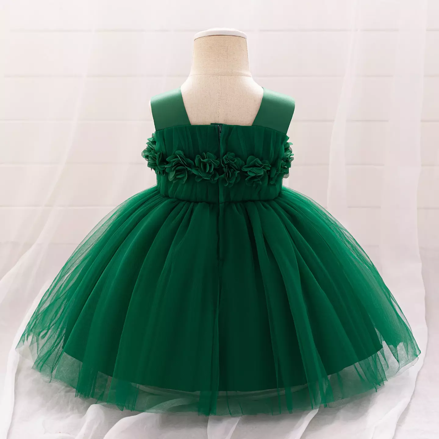 Simona Forest Green 3D Flower Square Neck Baby Tulle Party Dress
