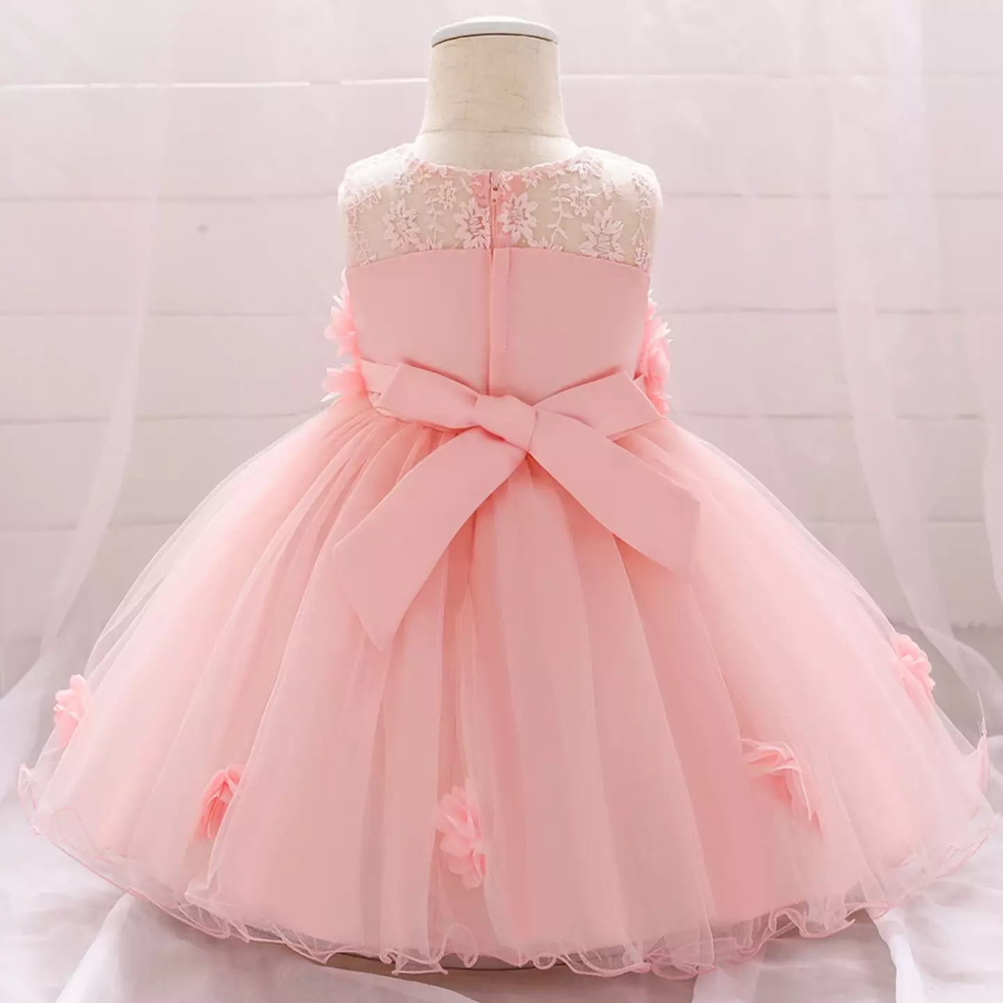 Francesca Peach Pink Embroidered Mesh Baby Party Dress