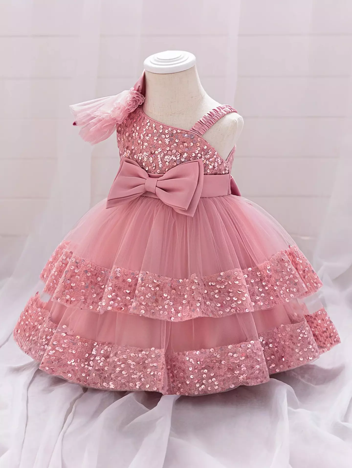 Yujin Dusty Pink One-Shoulder Sequin Party Dress - Knee Length Baby Girls Birthday Dress