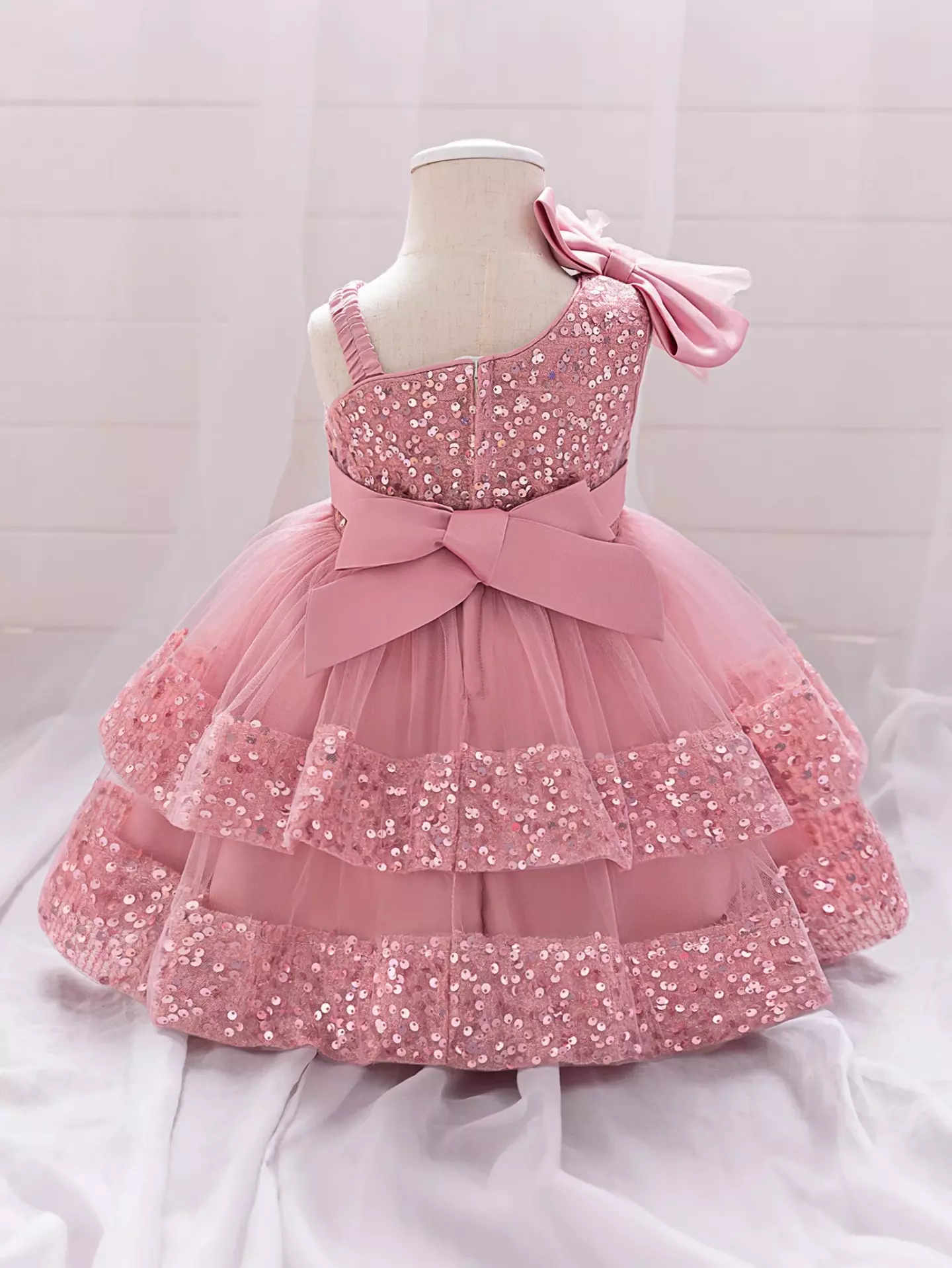 Yujin Dusty Pink One-Shoulder Sequin Party Dress - Knee Length Baby Girls Birthday Dress