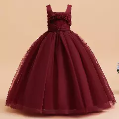 Simona II Maroon 3D Flower Square Neck Tulle Girls Party Dress